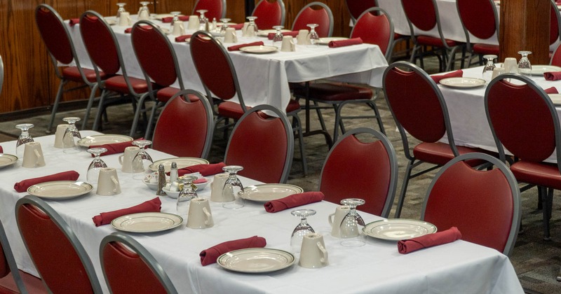 Interio, set tables ready for guests, close-up