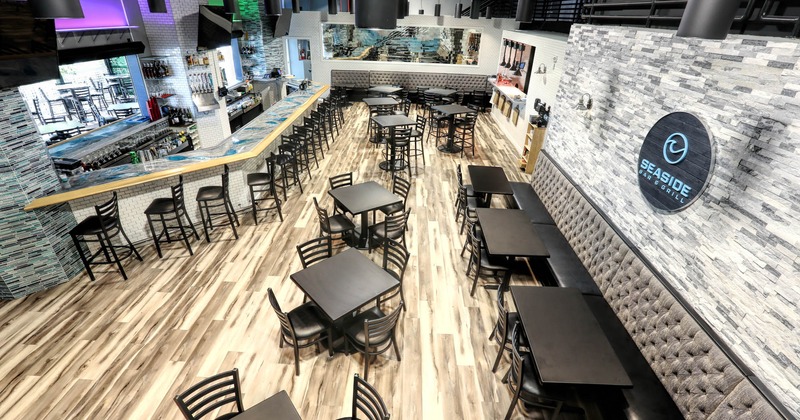 Interior, view of bar, tables and seating from upstairs