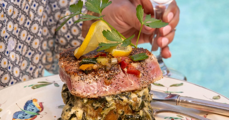 Grilled Yellowfin Tuna served over creamed spinach & crispy eggplant medallions