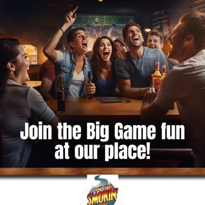 Promotional flyer for sports bar big game event with cheering fans and drinks