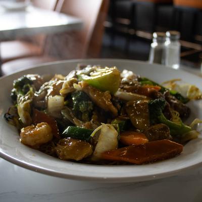 Beef, shrimp, and veggies tossed in brown sauce.