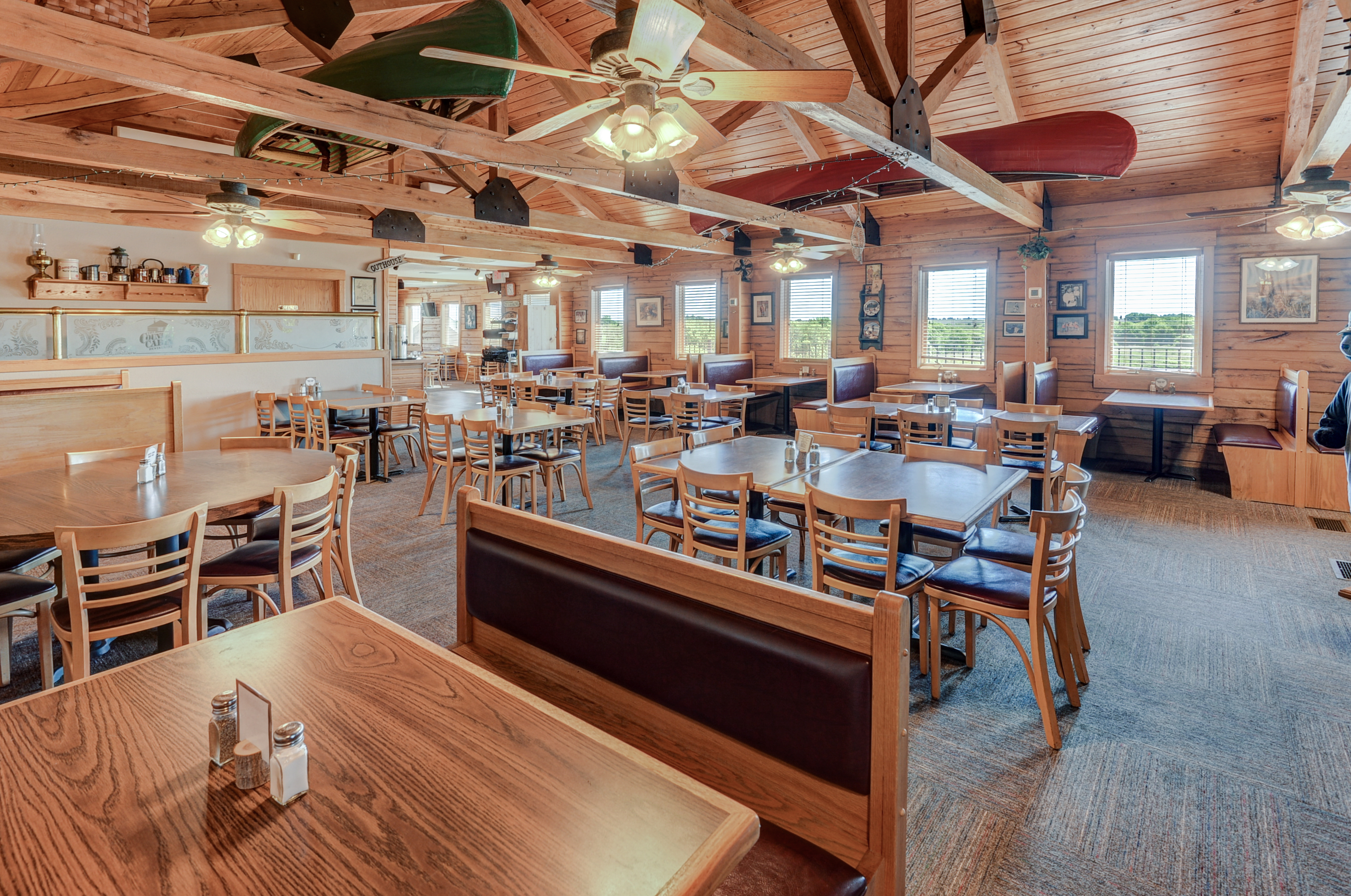 Dining area interior, tables and seating