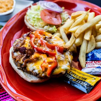 Southwestern Burger served with fries and condiment packs.