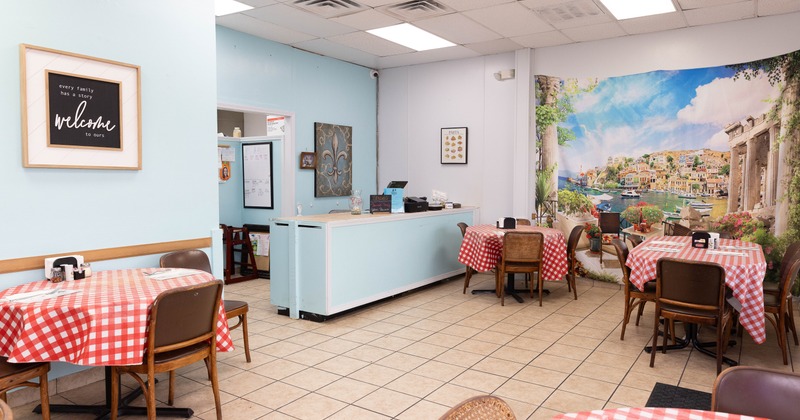 Interior, diner area, tables, chairs, food counter