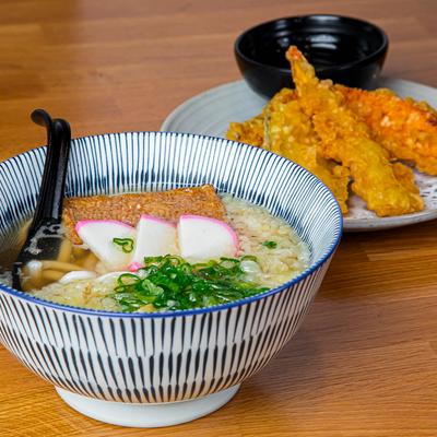 Udon bowl with mixed tempura plate.
