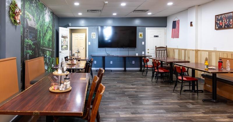 Interior, seating area with tables and chairs