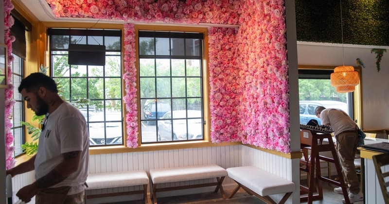 Seating place by the window, benches