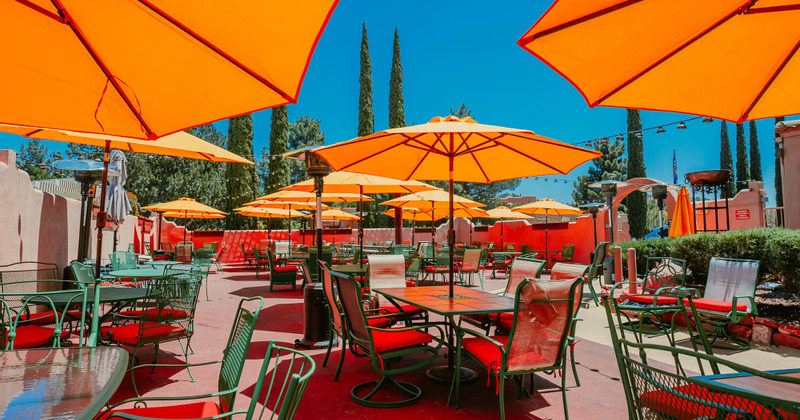Exterior, seating area covered with parasols