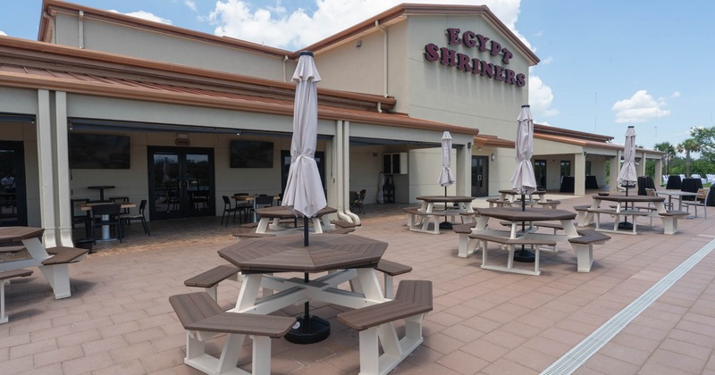 Exterior, octagonal picnic tables and benches