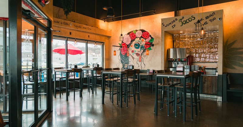 Interior, high tables and chairs