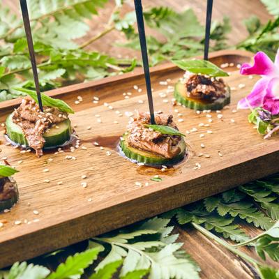 Cucumber slices topped with Bulgogi beef.