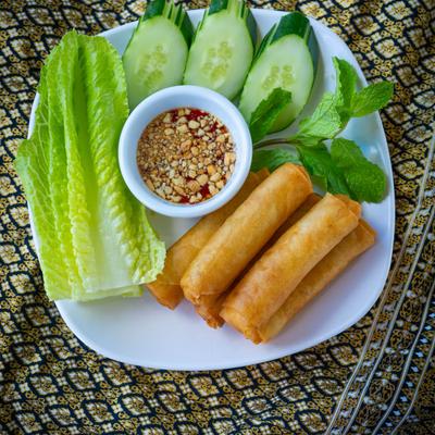 Spring Rolls served with sweet chili sauce and veggie garnish.