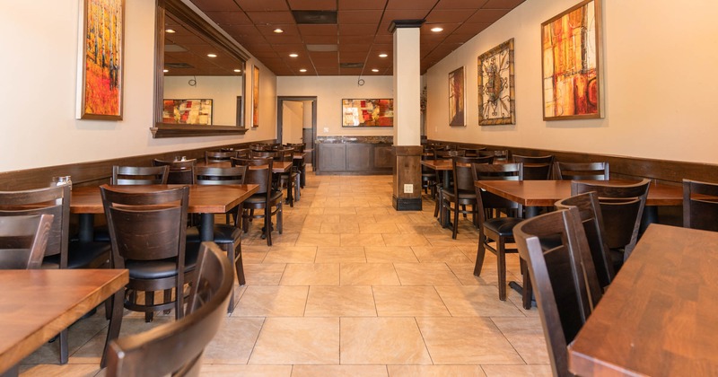 Interior, tables and chairs lined up