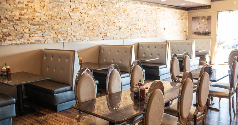 Interior, chairs and restaurant booths in dining area