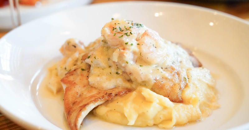 Shrimp entree served over creamy mashed potatoes