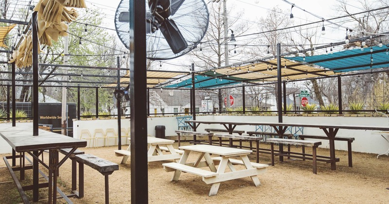 Exterior, garden with bench seating and dinning tables