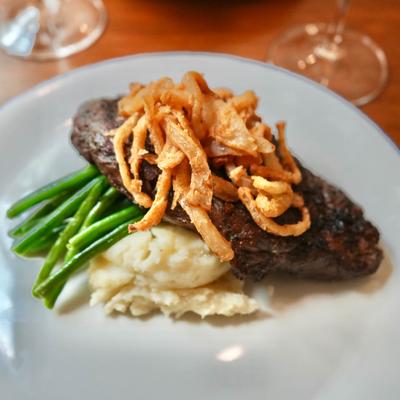 Grilled meat and mashed potatoes.