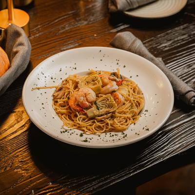 Pasta al Pesto with Shrimp.