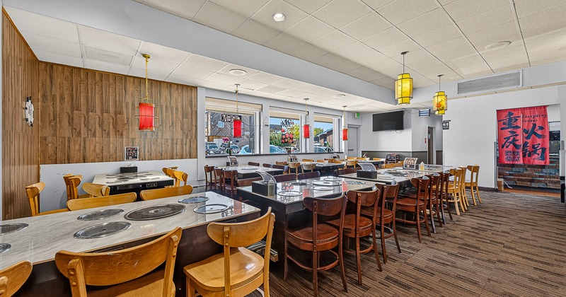 Interior, sushi bar table, stools