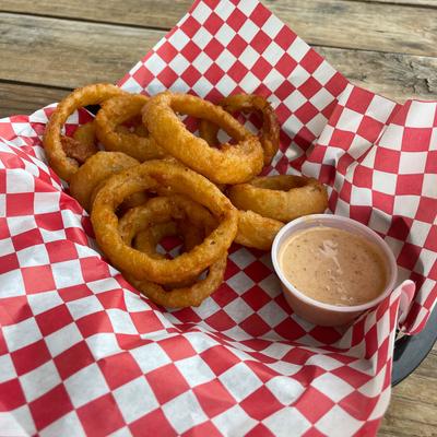 Onion rings and dip.