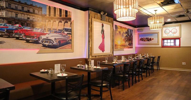 Interior, dining tables for two guests lined up