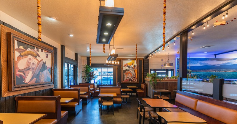 Dining space, leather booths and tables and chairs