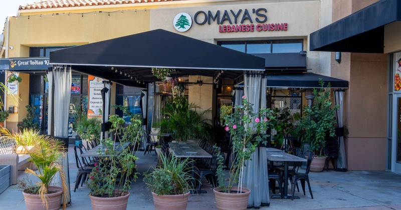 Exterior, covered, plant-filled outdoor dining patio