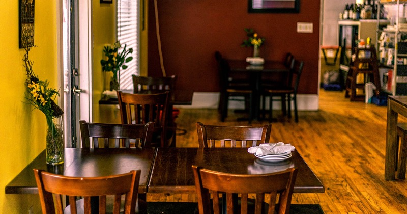 Interior, tables decorated with flowers