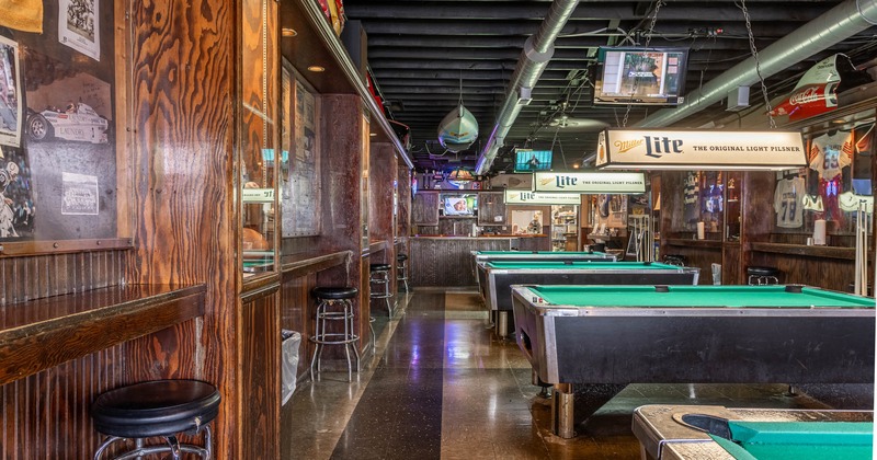 Interior,  seating area and pool tables