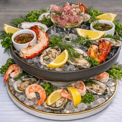 Two-tiered seafood platter featuring chilled lobster, oysters, shrimp and tuna tartare.