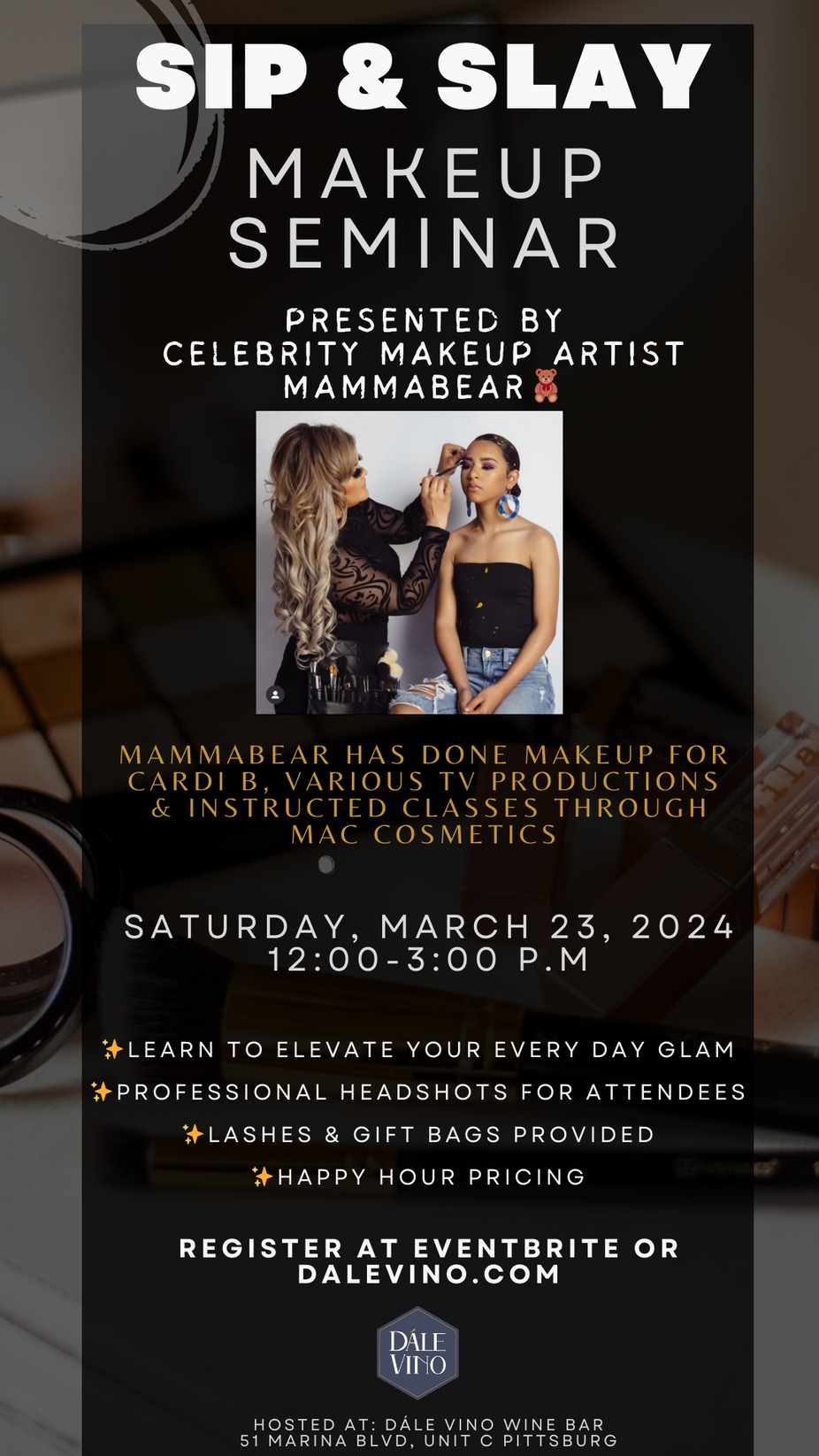 Sip & Slat Makeup Seminar w/Celebrity Makeup Artist Mamma Bear event photo