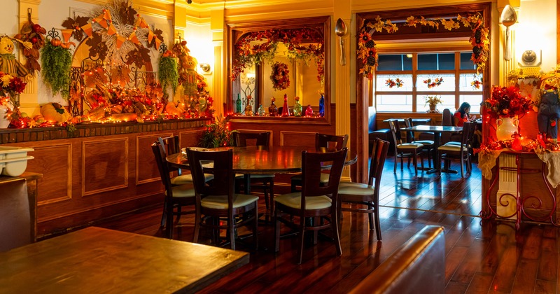 Interior, seating area with rounded table and chairs