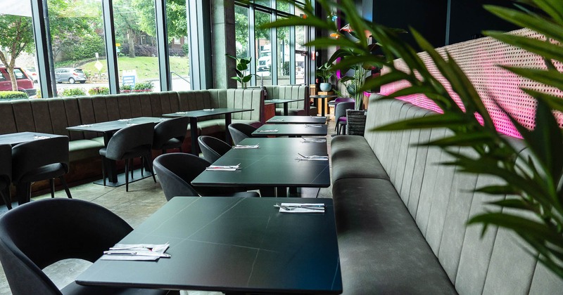 Interior, tables, benches and chairs