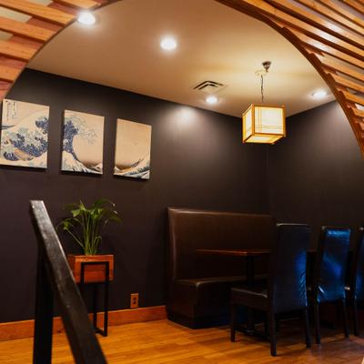 Restaurant's interior with traditional Japanese decoration.