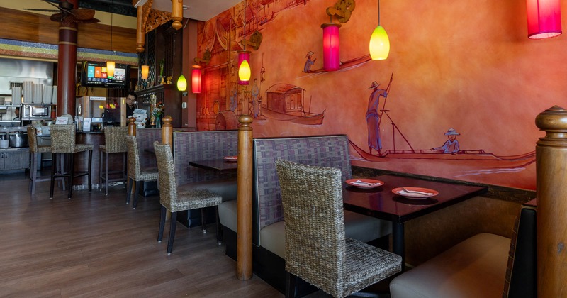 Interior, tables, chairs and seating booths