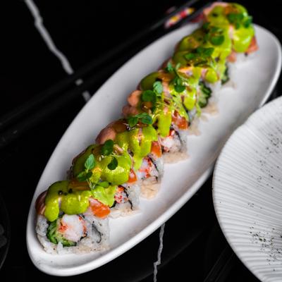 Homard Supreme featuring butter poached lobster, seared salmon, yuzu marmalade, and cilantro aioli..