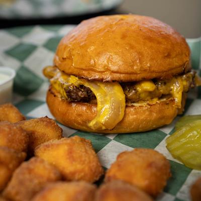 'The Pool Hall' Burger served with tater tots.