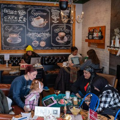 Interior, Guests in a seating area.
