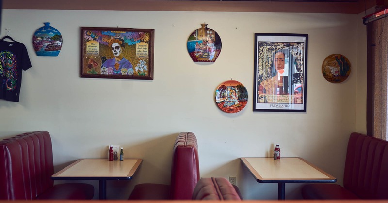 Interior, dining booths near wall