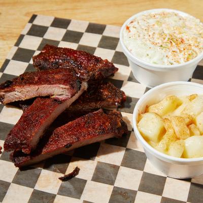 Smoked Ribs, served with coleslaw, and cinnamon apples.