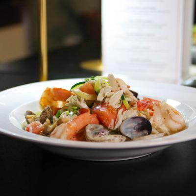 Zucchini pasta with seafood.