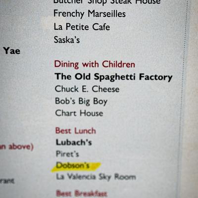 A restaurant guide with different categories, Dobson's under Best Lunch