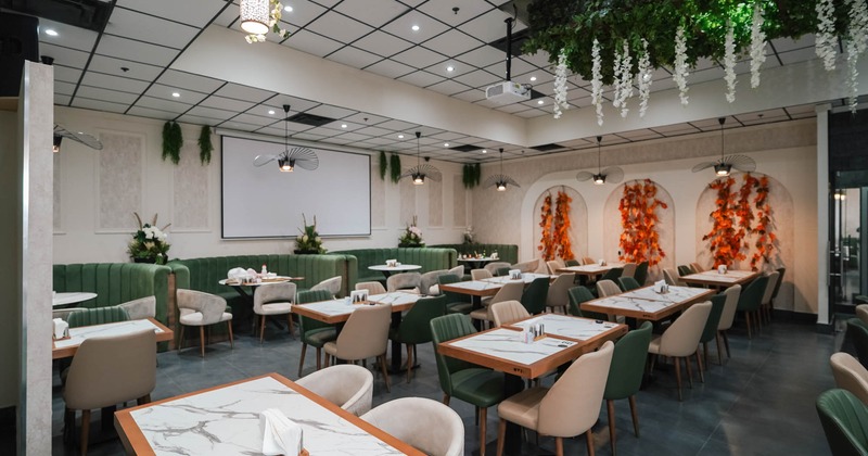 Dining area, tables ready for guests