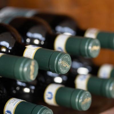 Horizontal Wine bottles, close up.