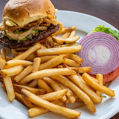 Burrata Burger served with fries.