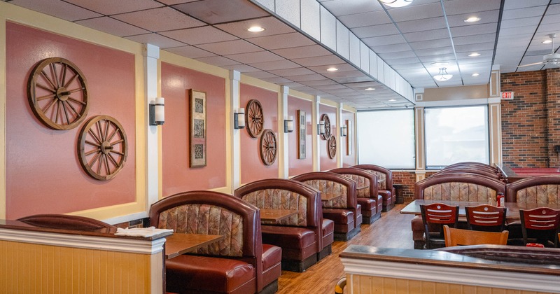 Interior, restaurant booths in dining area