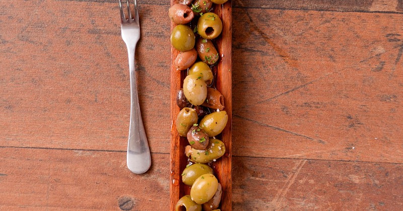 Marinated olive boat platter, top view