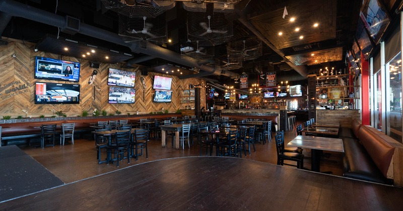 Diner and dancing  area, tables and chairs behind