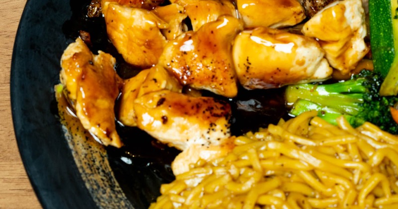 Grilled chicken, steak, and shrimp, with veggies, and noodles