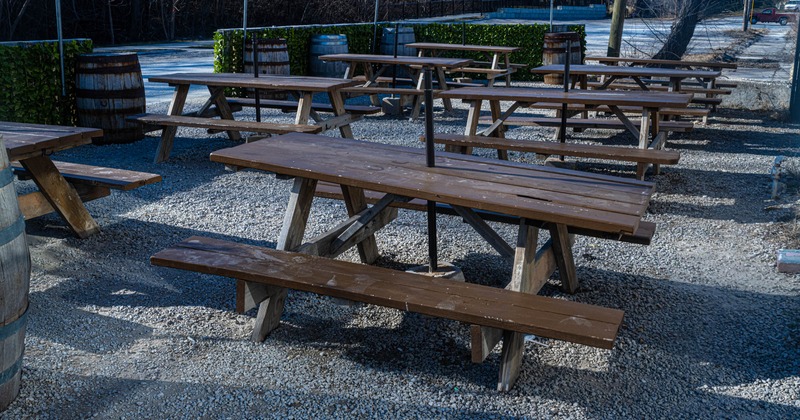 Exterior, wooden tables with benches